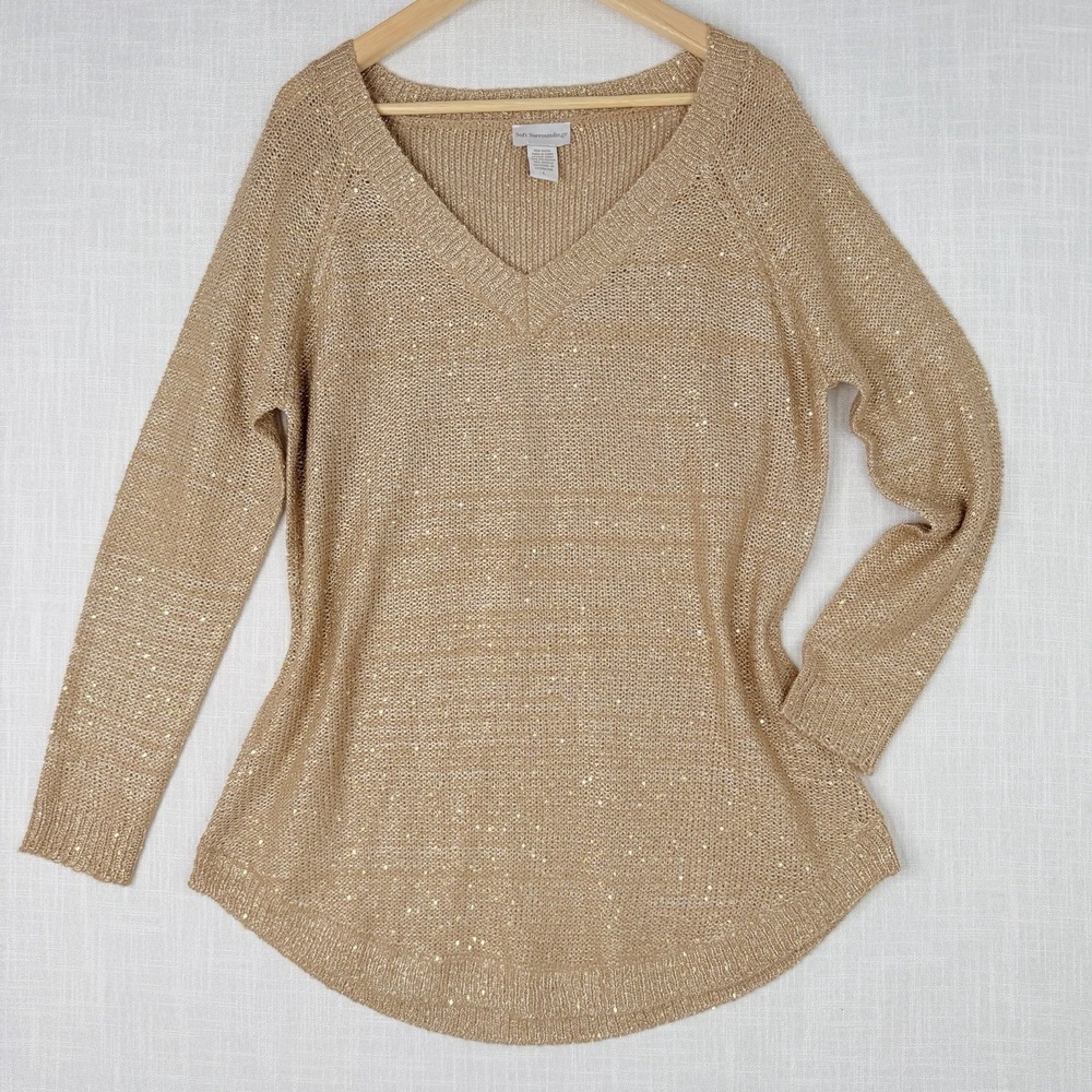 Soft Surroundings Womens Metallic Sequin Knit Sweater Size L Tan Gold Sparkle